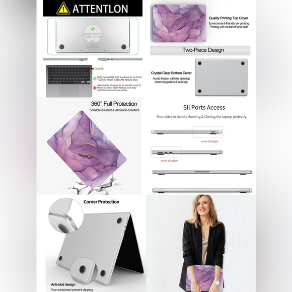 SOLD Macbook Air 13.6 M2 A2681 Matte Case Bag Keyboard Cover-Purple Marble - Picture 3 of 11